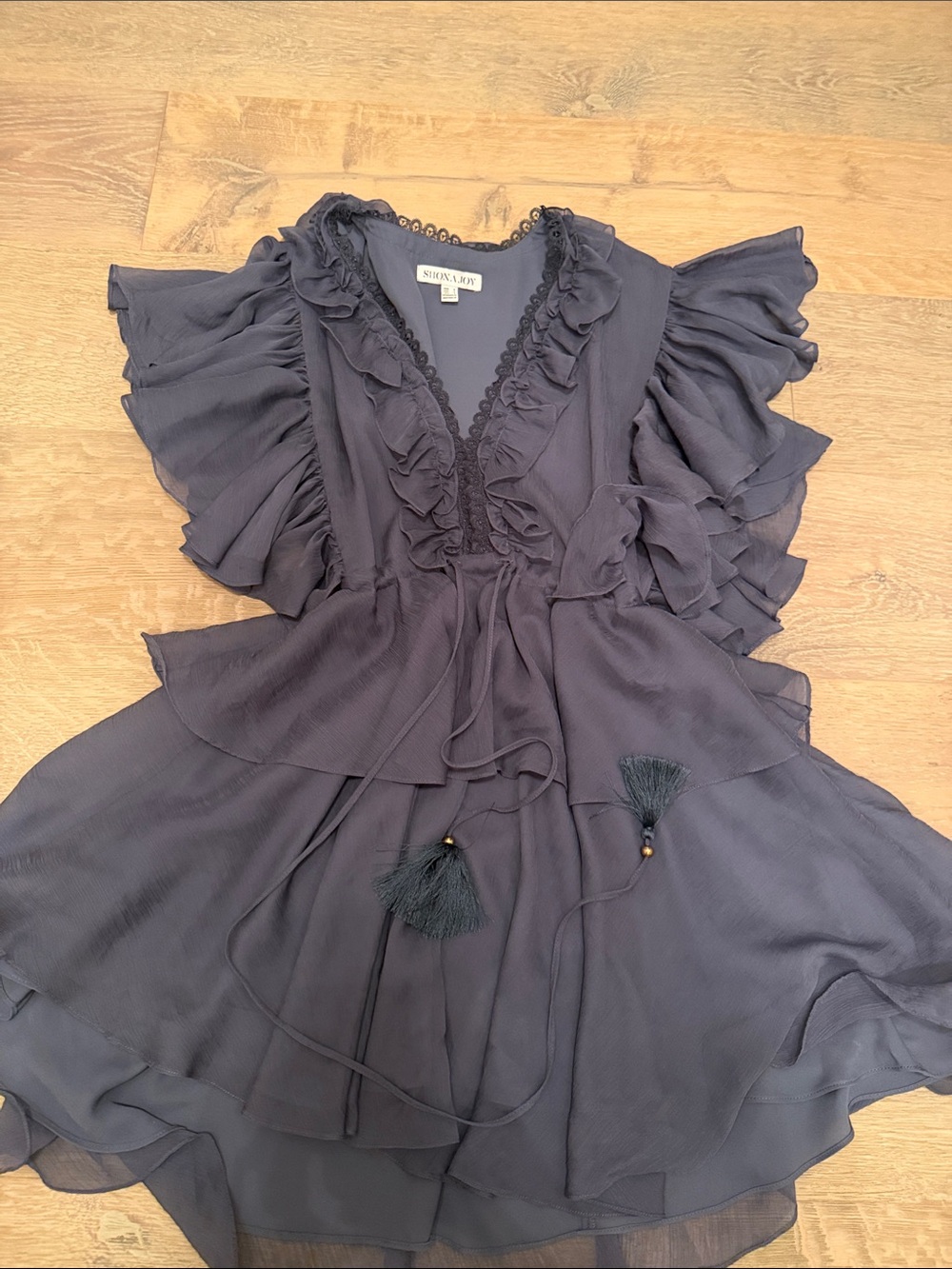 Maeve Slate Ruffle Tassel V-Neck Tunic